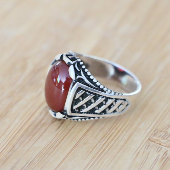 925 Sterling Silver Men's Ring Natural Red Agate - Picture 8 of 11
